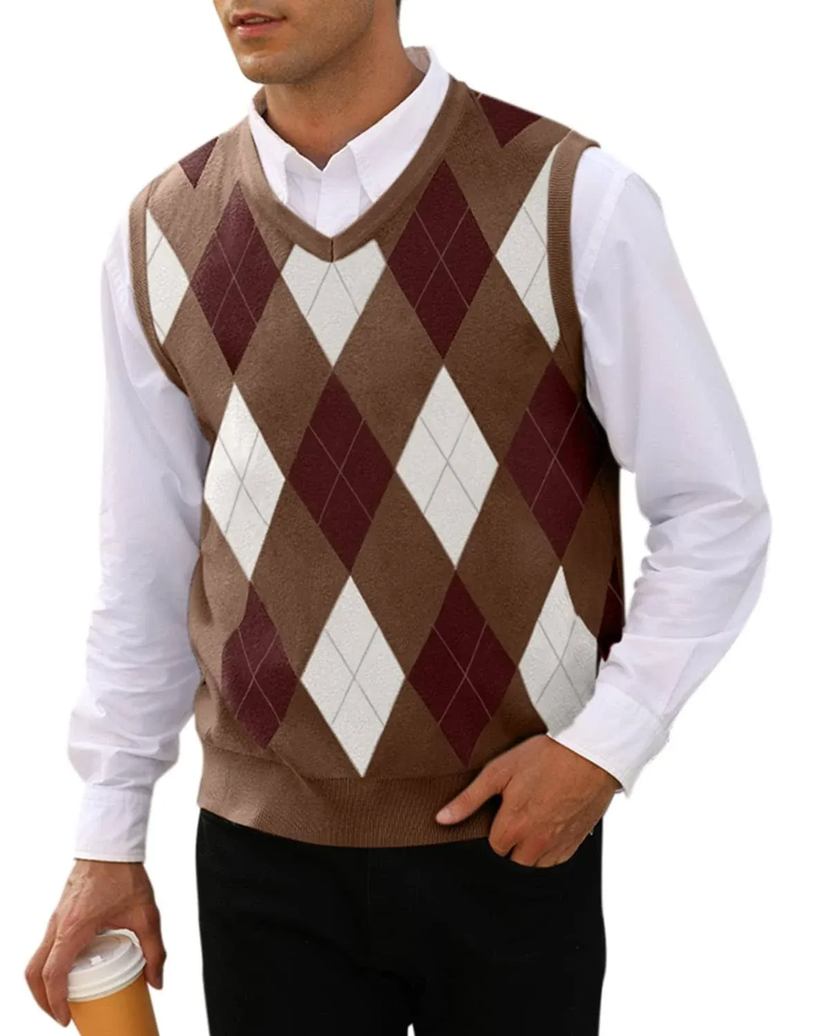 MNCEGEER Mens Argyle Knitwear Vest V Neck Sleeveless Casual Slim Fit Pullover Knitted Sweater Brown