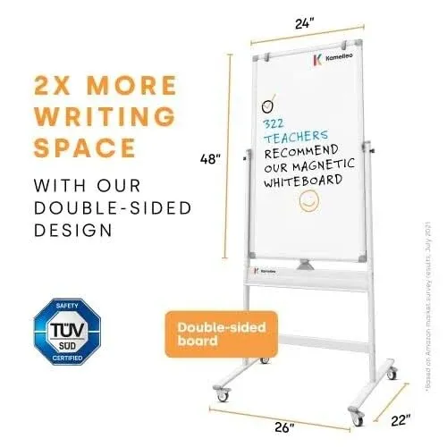 Rolling Dry Erase Board 24 x 48 - Large Portable Magnetic Whiteboard with Stand - Double Sided Easel Style Whiteboard with Wheels - Mobile Standing