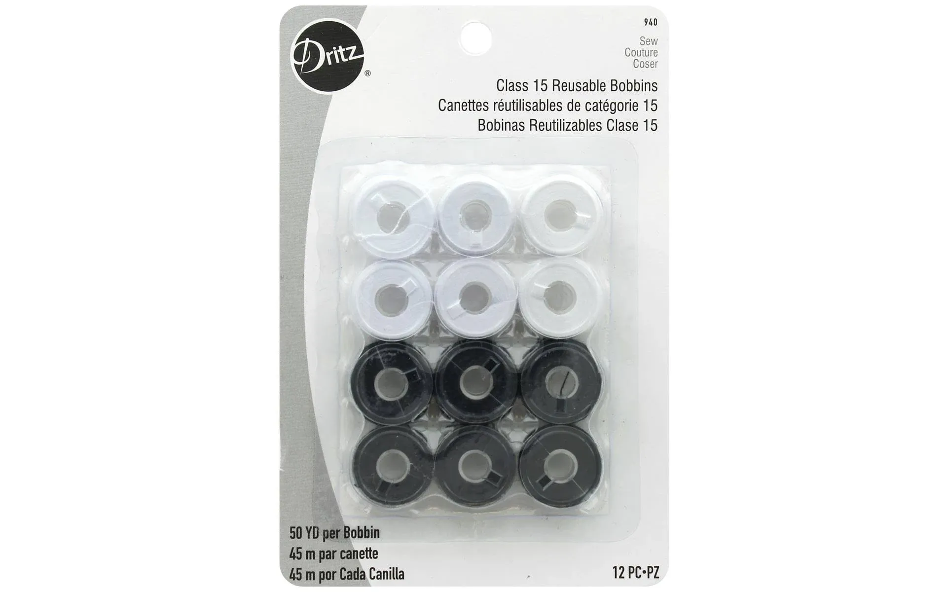 Dritz Class 15 Reusable Bobbins 940 Black White 12 PC 2006 Thread Size 50 Sew