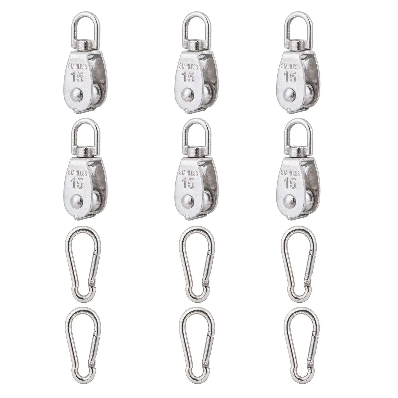 Cadbibe 6pcs 304 Stainless Steel M15 Single Pulley Block, Wire Rope Hanging Wire Towing Wheel, with 6pcs Spring Snap Hook