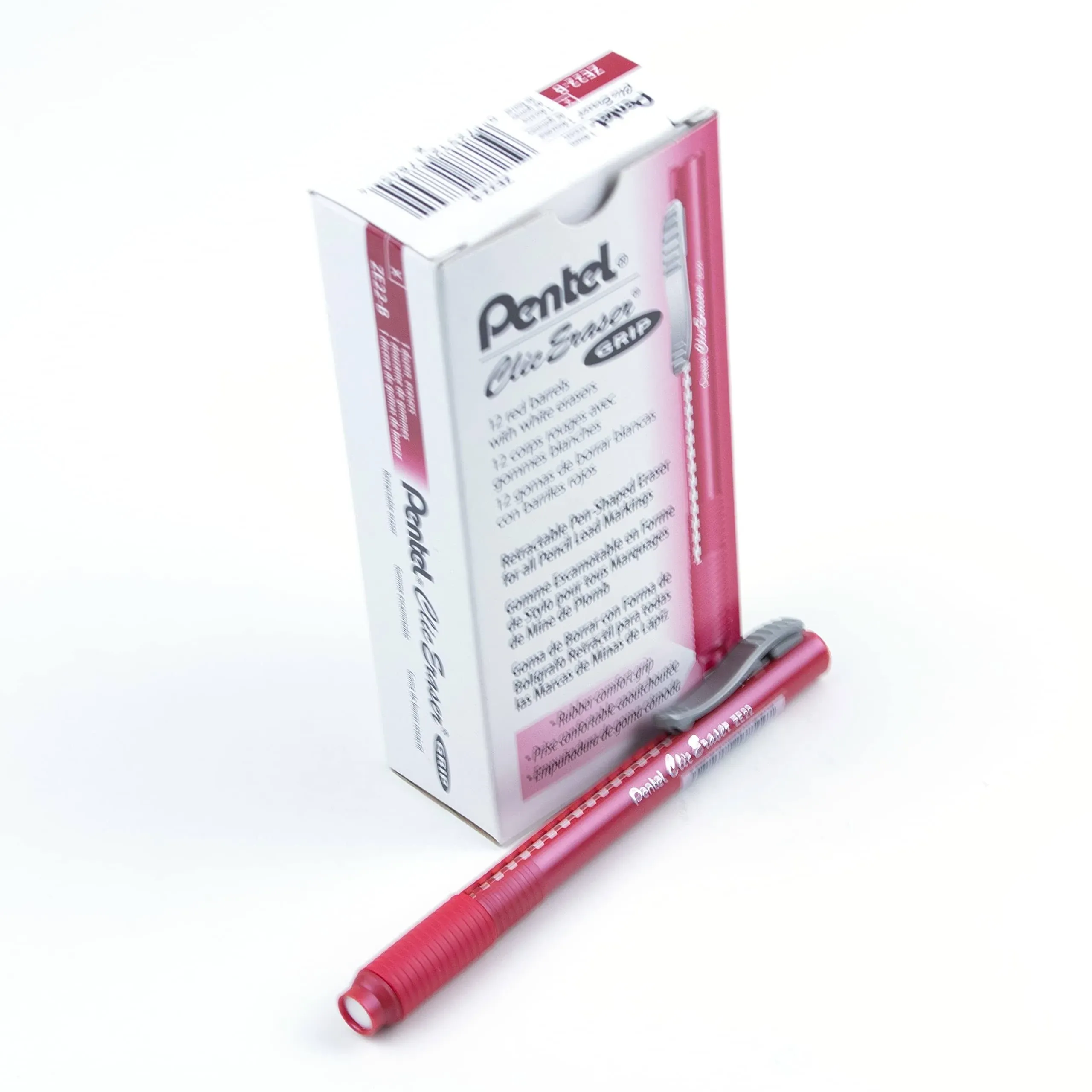 Pentel Clic Erasers, Retractable, Pocket Clip, 12/BX, Red Barrel (PENZE22BBX)