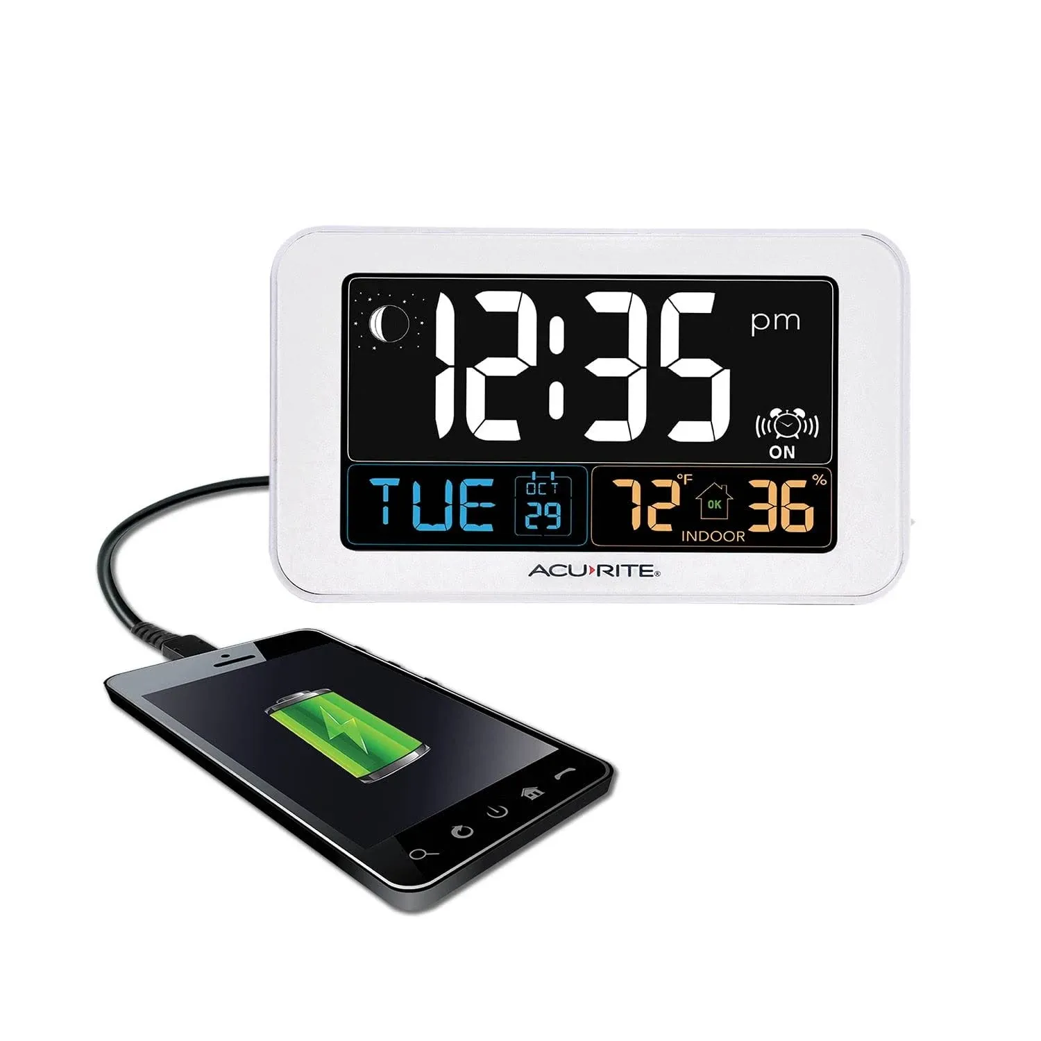 AcuRite Intelli-Time Digital Alarm Clock for Bedroom with USB Charger White