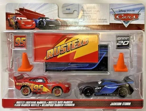 Disney Cars 2022 Fan-Favorite 2-Pack with Race Team Flags and Signs: (Rusteze Lightning McQueen Jackson Storm)