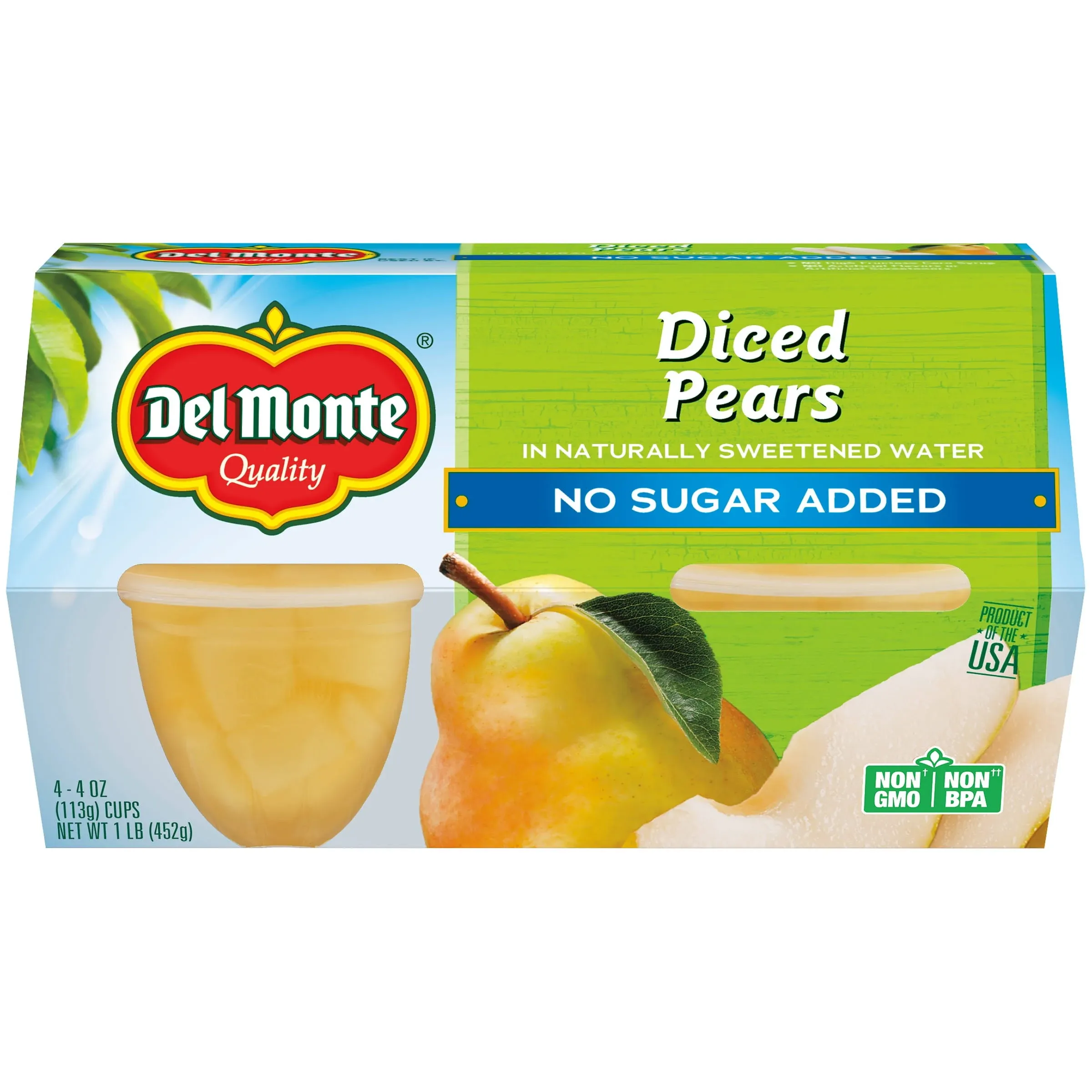 Del Monte Pears, Diced, No Sugar Added - 4 pack, 4 oz cups