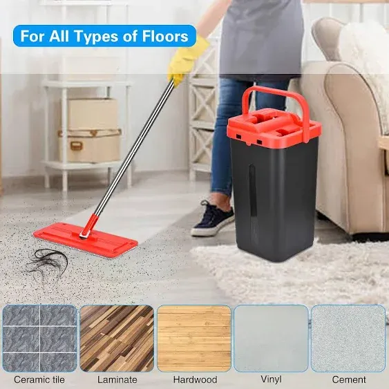 Flat Floor Mop and Bucket, Flat Mop Bucket with 3 Microfiber Mop Pads, Extended Stainless Steel Handle and Cleaning System Bucket, Hands-Free Self Cleaning Mop for Home and Commercial