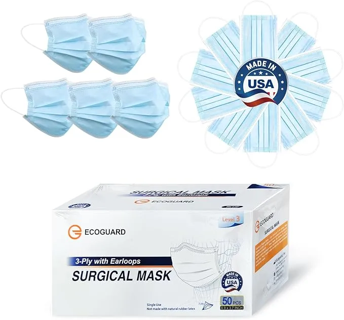 EG EcoGuard Masks Made in USA, ASTM Level 3 Disposable Medical Grade Procedure Face Mask for Protection, 3-Ply EcoGuard B with Earloop, 50 Pack