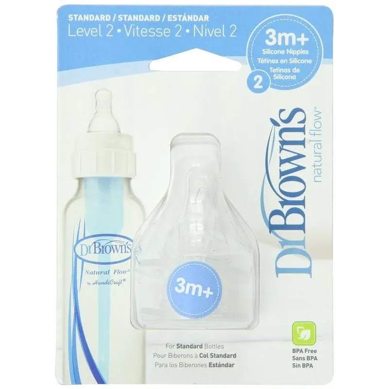 Dr. Brown's Natural Flow Standard Silicone Bottle Nipple, Level 2 3m+, 2 Ct (4 Pack) (Bundle)