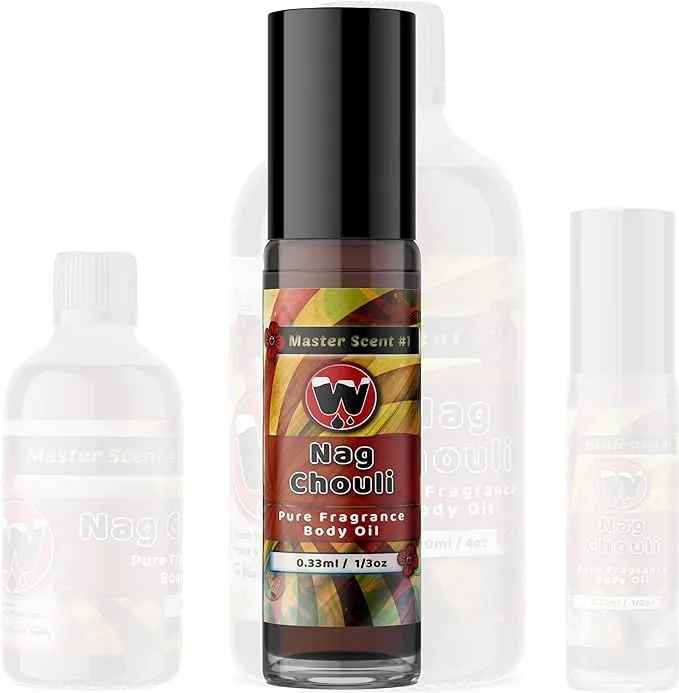 WagsMarket - Nag Champa Perfume Oil & Patchouli Essential Oil, Nag Chouli Essential Perfume Oil, Choose from Roll On to 0.33oz - 4oz Glass Bottle (0.33oz Roll On)