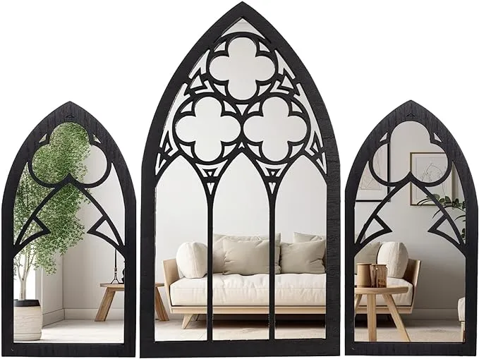 Gothic Mirrors Wall Decor - 3 Piece Set 15.8 Inch Gothic Furniture Cathedral Mirrors - Halloween Decor for Bathroom and Kitchen - Goth Accessories for Bedroom - Witchy Gifts for Women