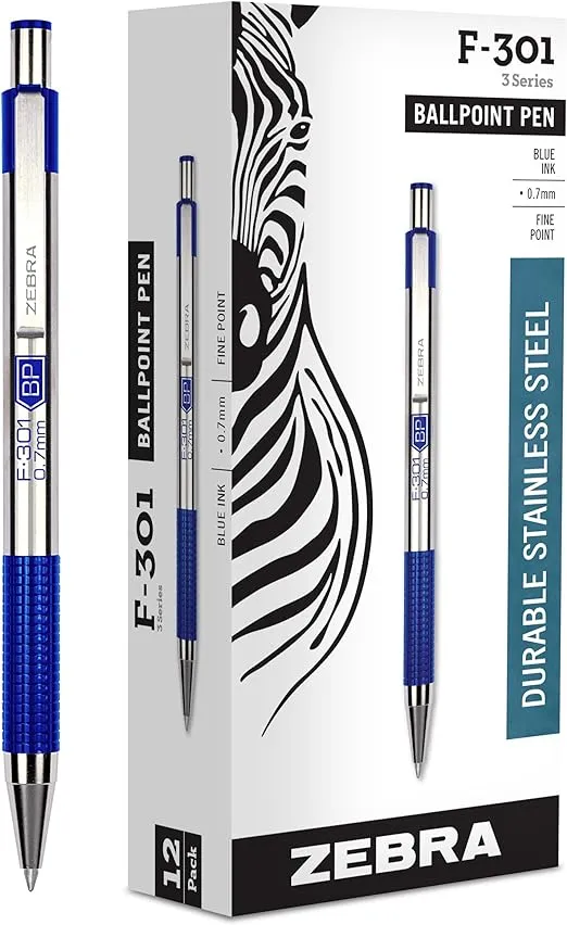 Zebra Pen F-301 Retractable Ballpoint Pen, Stainless Steel Barrel, Fine Point, 0.7mm, Blue Ink, 12-Pack