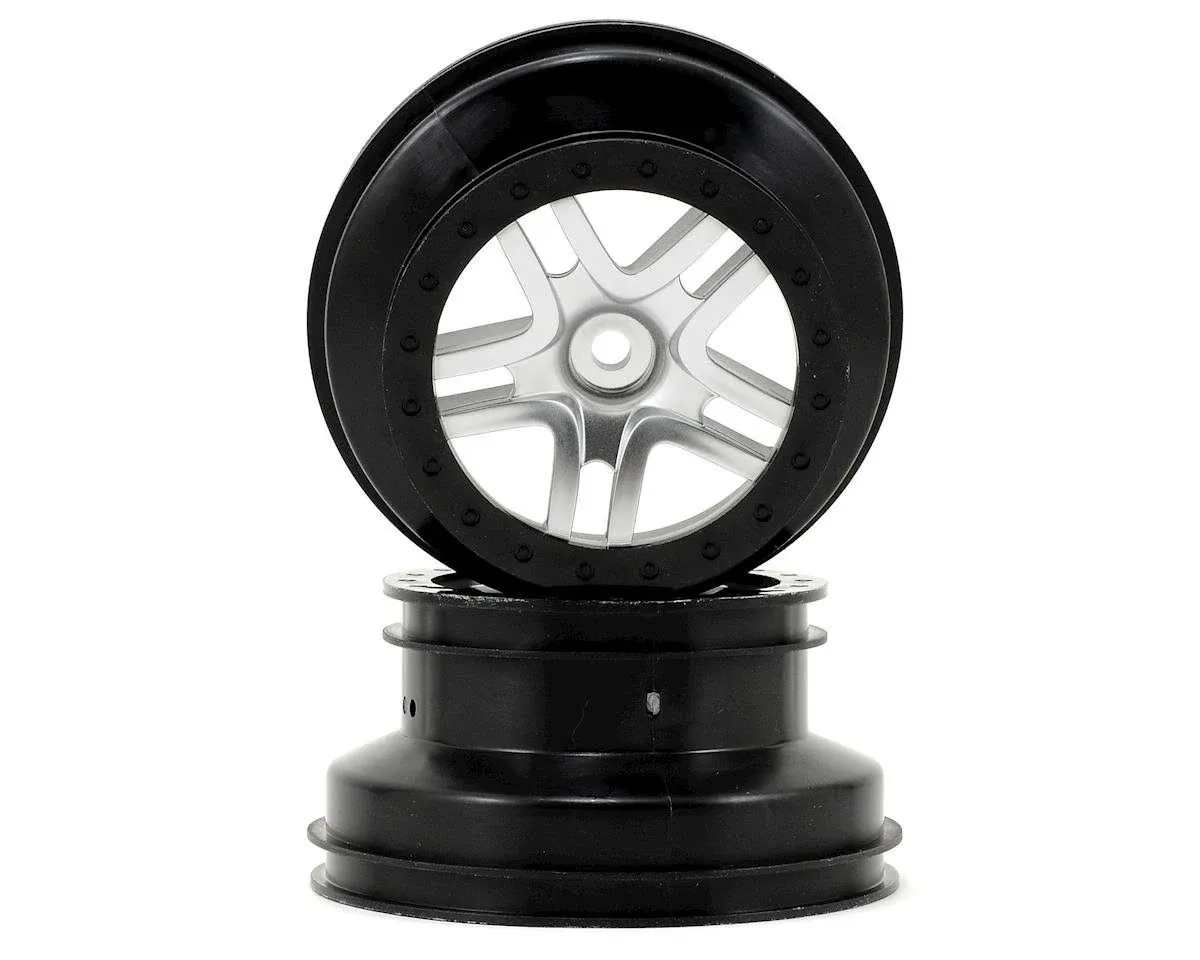 Traxxas 6872 SCT Split-Spoke Satin Chrome Wheels, Black Beadlock-Style