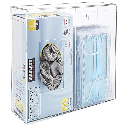 Double Hygiene Dispenser Station with Lid - 2 Compartments for Glove Box, Individual Face Masks, Hairnets, Plastic Bags, Beard Covers, Etc - Wall Mount or Tabletop Sanitation Holder