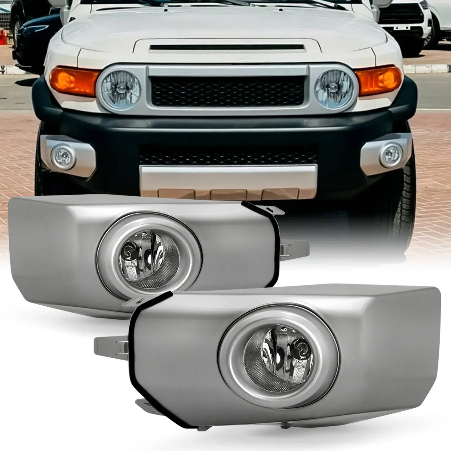 AKKON - Fits 2007-2014 Toyota FJ Cruiser Chrome Fog Lights Pair w/ Power Switch + Wiring Harnesses + Bumper Bezel