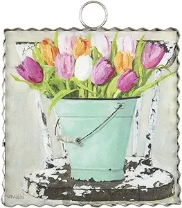 The Round Top Collection - Mini Gallery Bucket of Tulips, 6" x 1" x 7" Spring Themed Décor, Metal & Wood