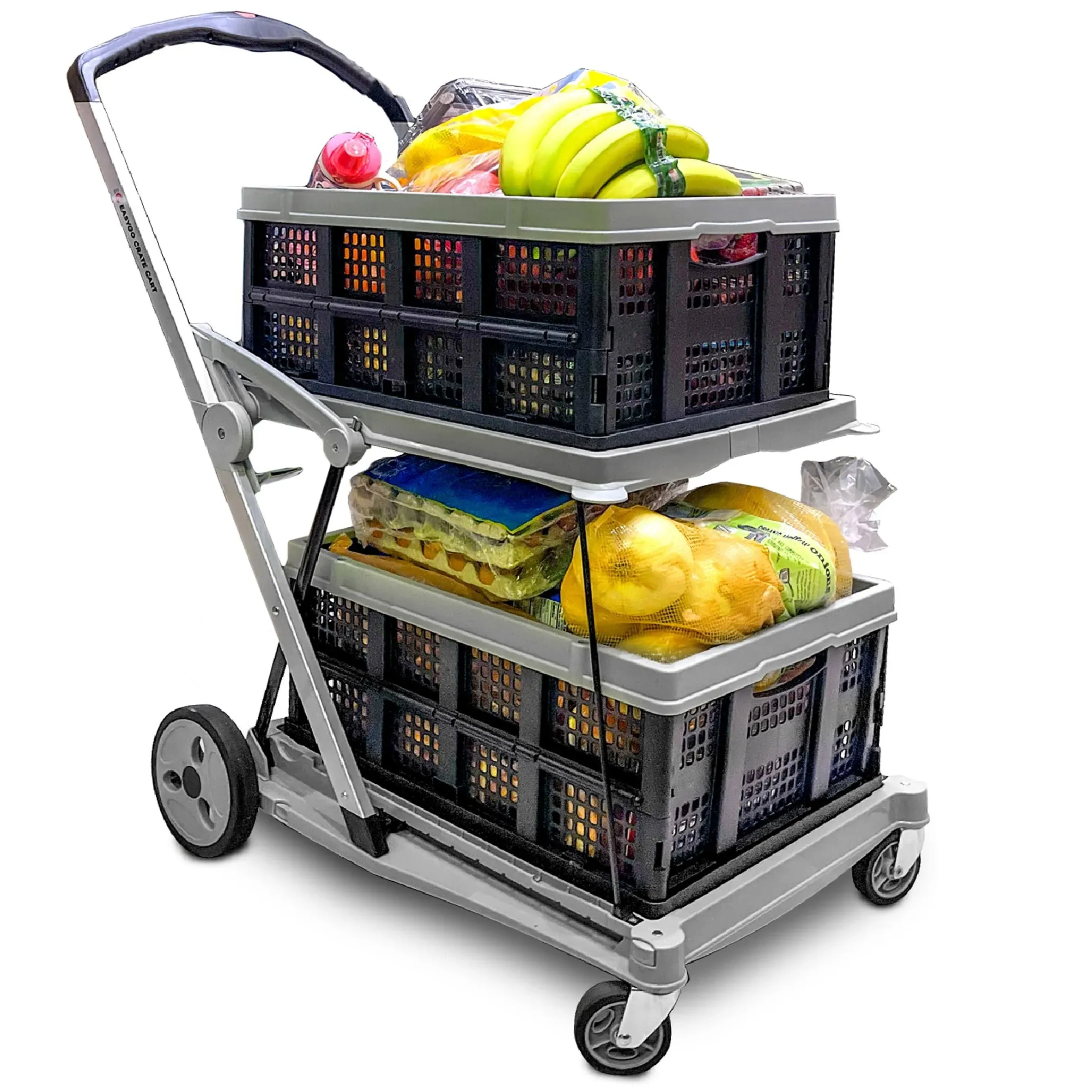 Shopping Cart Folding Utility Trolley with Included 2 Collapsible Storage Crates ...