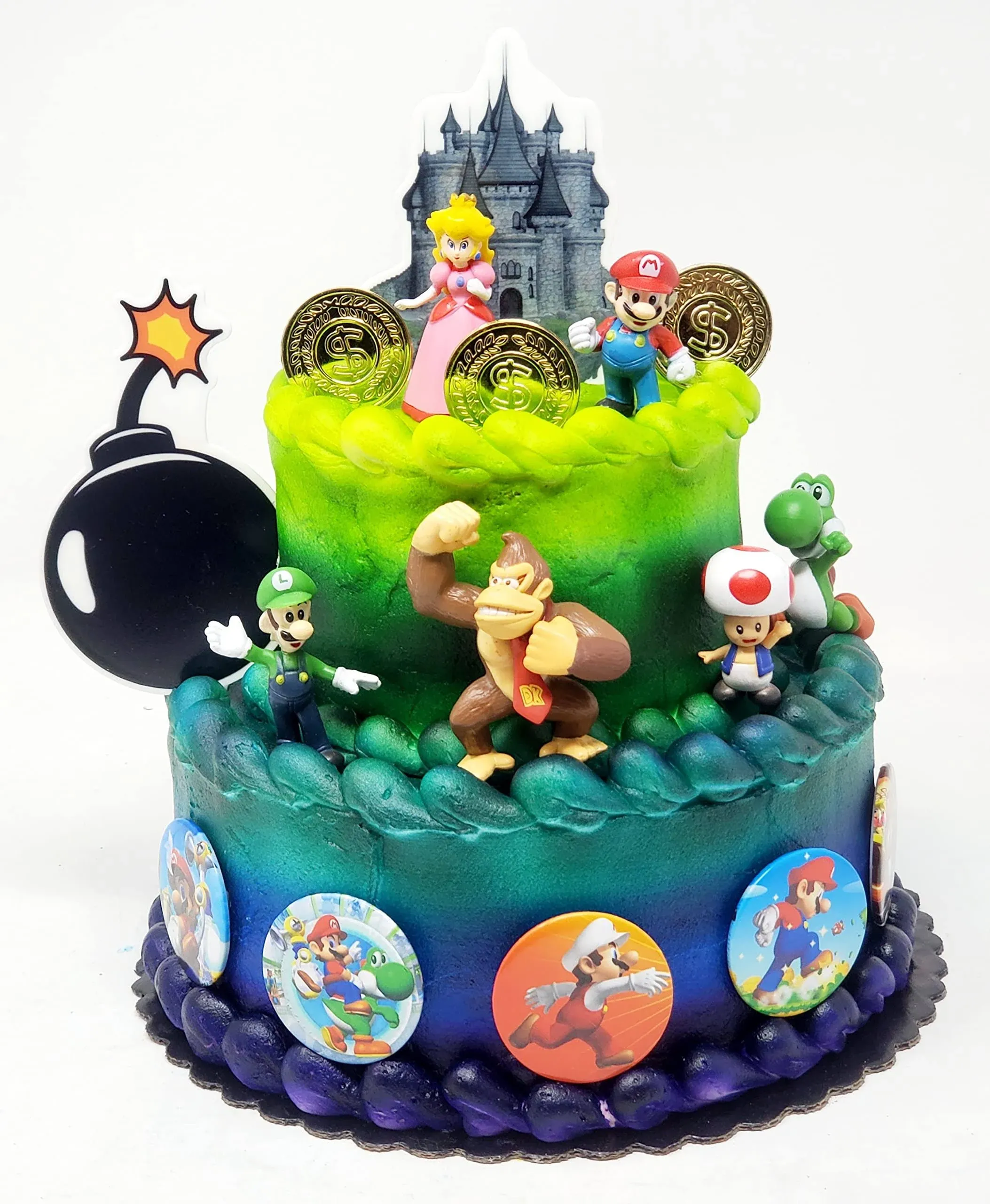 Mario Brothers 23 Piece Birthday Cake Topper Set Featuring Mario Castle, Bomb, Mario Coins, 6 Mario Figures Including Mario, Luigi, Princess Peach, Toad, Yoshi, Donkey Kong, and 12 Mario 1" Decorative Buttons