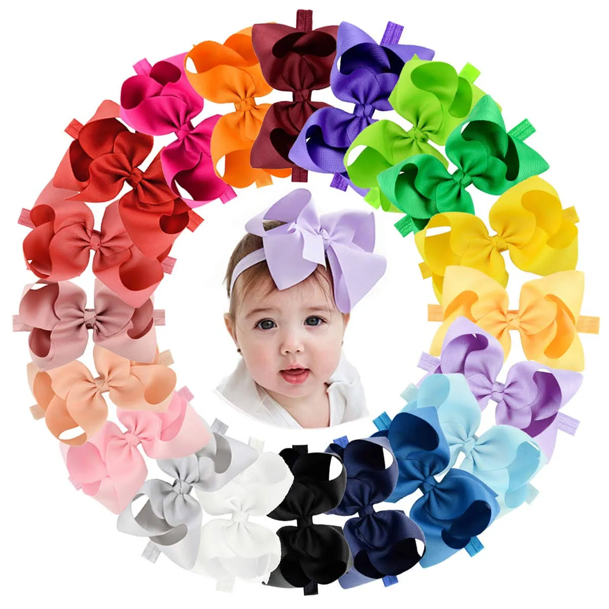 Jollybows 20pcs Baby Girls Hair Bows Headbands 6" Grosgrain Ribbon Hair Band Accessories for Infants Newborn Toddler