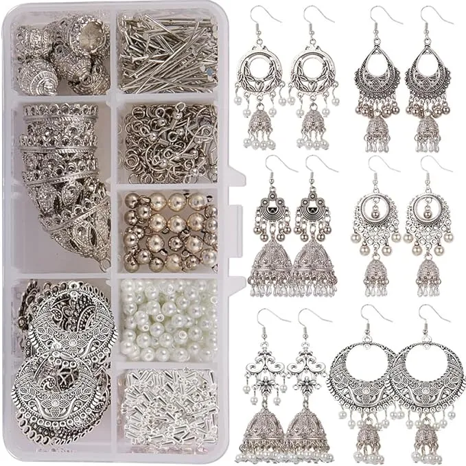 SUNNYCLUE 1 Box DIY 6 Pairs Vintage Ethnic Indian Dangle Earrings Making Kit Jhumka Jhumki Bollywood Gypsy Oxidized Chandelier Jewelry Craft Supplies for Beginners Instruction