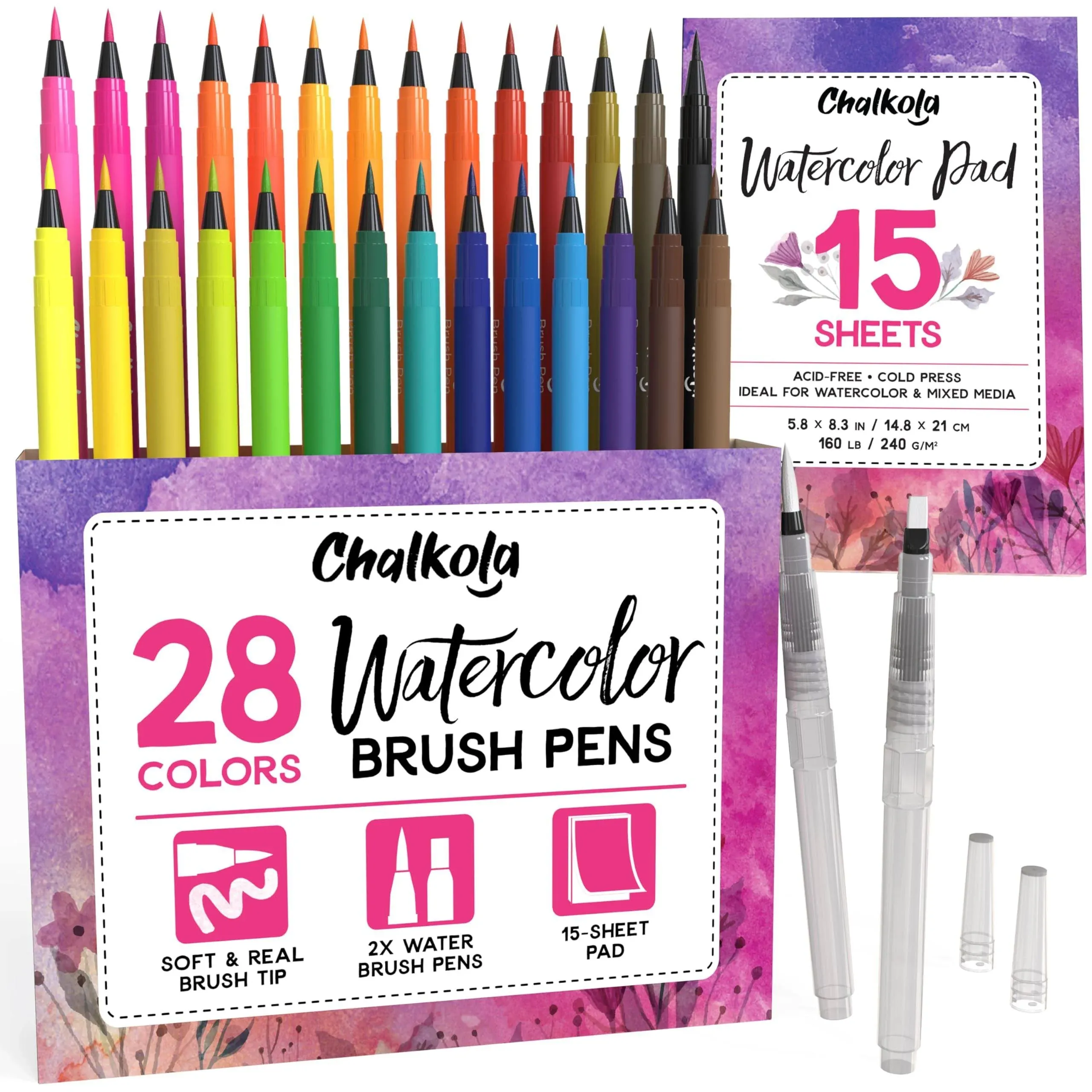 Chalkola Watercolor Brush Pens for Lettering Coloring Calligraphy - Set of 28...