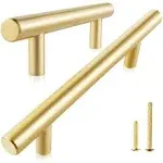 QOGRISUN 2-Pack Solid Brass Cabinet Pulls, Gold Euro Style T Bar Handles, 5-Inch Hole Center for Kitchen Drawer Dresser Cupboard