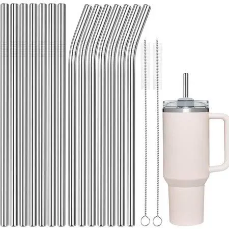 Tomorotec 40oz Straws, 14PCS Stainless Steel Replacement Straws for Stanley 40oz Adventure Quencher Travel Tumblers with Cleaning Brushes 2PCS, Food-Grade, Dishwasher Safe for Smoothies (Silver)