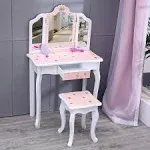 Nromant Kids Vanity Table and Chair Set Girls Vanity Set with Mirror and Stool Tri-Folding Mirror Makeup Dressing Princess Table with Drawer Kids