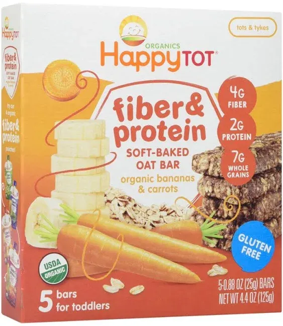 Happy Tot Organics Fiber & Protein Soft-Baked Oat Bars Organic Toddler Snack Banana & Carrot, 0.88 Ounce Bars, 5 Count Box (Pack of 6)