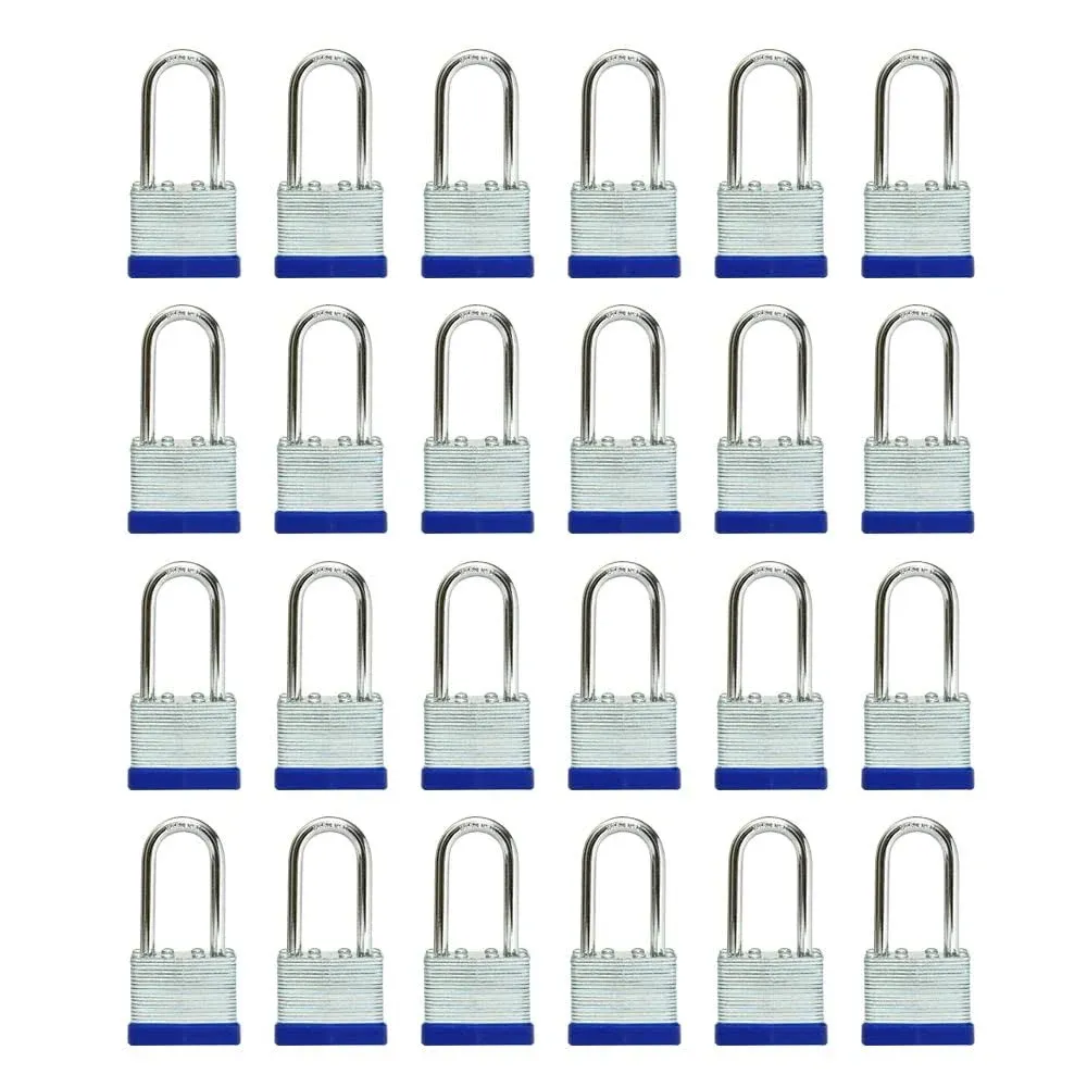 Laminated keyed Padlock (1-9/16", 40mm), keyed Alike Locks, Long Shackle,Marked Blue Plastic Hoop, Pack of 24