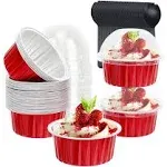 Free-Air Red Cupcake Liners Muffin Tins 50 Pack,Free-Air 5oz Aluminum Foil Baking Cups with Lids,Disposable Ramekins Cupcake Pans,Jumbo M