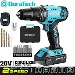 DURATECH 20V Cordless Drill, Electric Power Drill Driver Set with 1/2" Keyless Chuck, Variable Speed, 350 In-lbs Torque and 16pcs Drill Bits, Power Drill Tools Kit with 2000mAh Lithium-Ion Battery