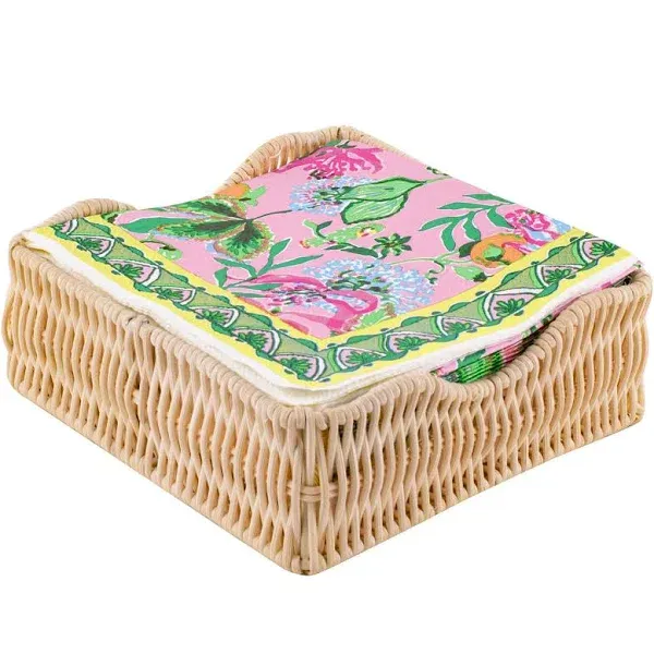 Lilly Pulitzer 40 Cocktail Napkins with Raffia Napkin Holder, Pink Disposable Paper Napkins, Reusable Napkin Holder for Table, Via Amore Spritzer