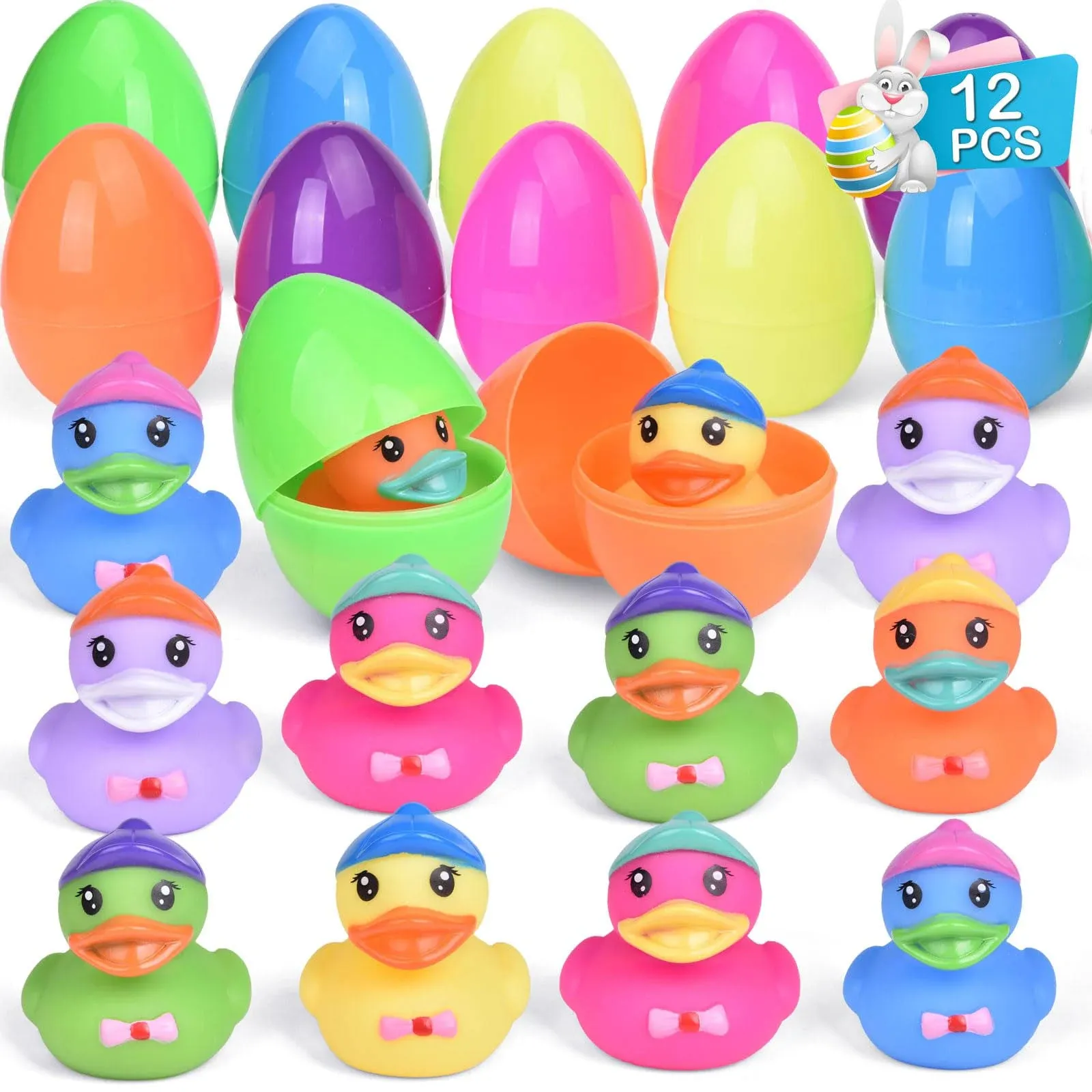 12 PCS Prefilled Easter Eggs with Rubber Duck Toys for Kids Easter Theme Party Favors, Bright Colorful Easter Eggs Filled with Assorted Colors Duck Toys for Fun Bath Toys, Easter Basket Stuffers