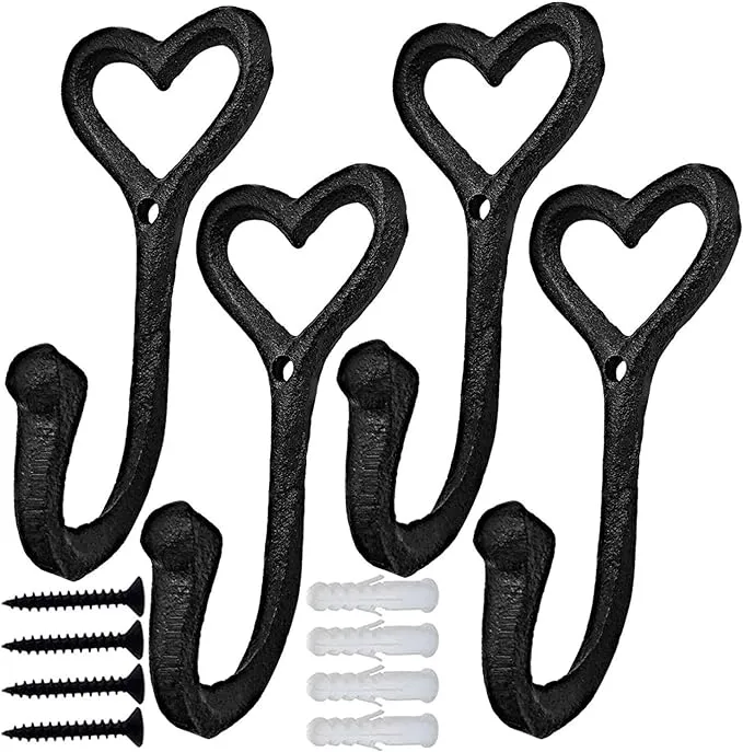 Ebliiny Decorative Wall Hooks Coat Towel Hook, 4 Pcs Key Bag Hanger Coat Hooks Cast Iron Vintage Holder Love Heart Shape Home Decor, Bath Kitchen