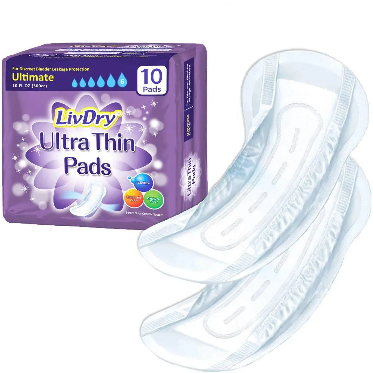 LivDry Incontinence Ultra Thin Pads for Women | Leak Protection and Odor Control | Extra Absorbent (Ultimate 10-Count)