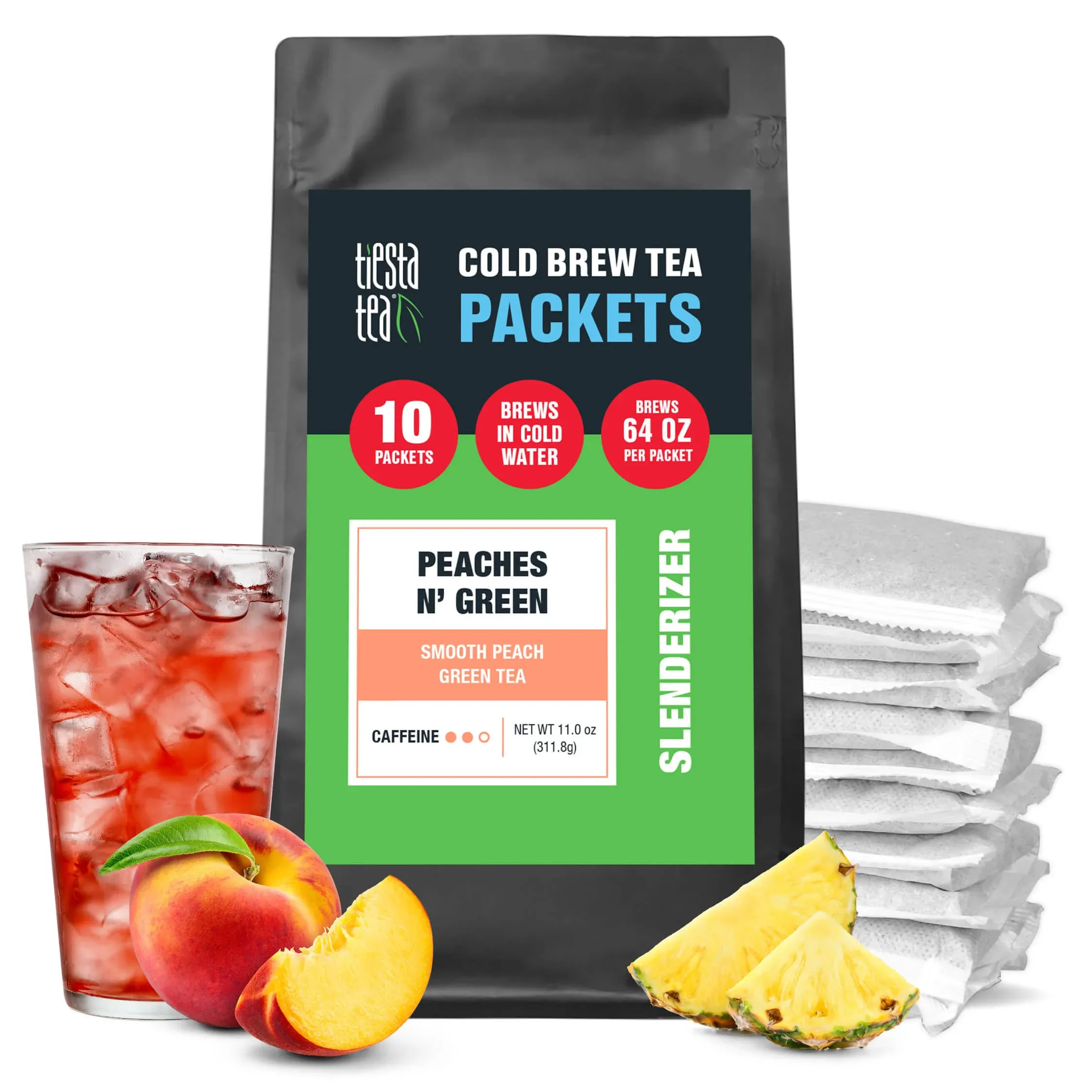 Tiesta Tea - Peaches N´ Green Cold Brew Tea - Smooth Peach Green Tea - Premium Loose Leaf Tea Blend - Medium Caffeinated Iced Tea - Cold Brew Tea Packets - Brews 64 oz of Pitcher Per Bag (Pack of 10)