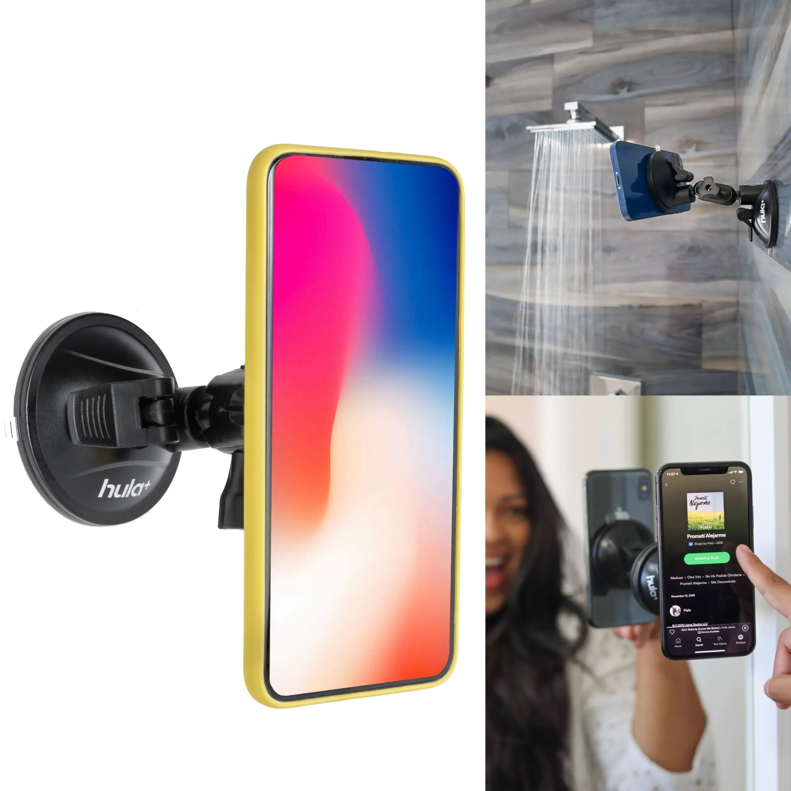 Hula+ Shower/Mirror Phone Holder/Mount/Stand. Reusable Non-Residue Mount for Bathroom/Kitchen/Wall. Compatible with All Phones, Great Gift for TikTok