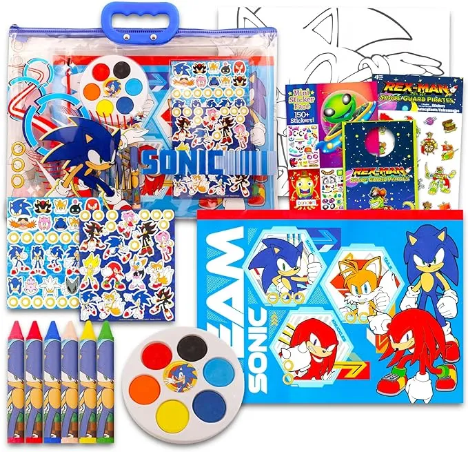 Sonic The Hedgehog Drawing and Painting Set for Boys - Sonic Gift Bundle with Coloring Book, Coloring Utensils, Watercolor Paints, Stickers, and More | Sonic Crafts for Kids