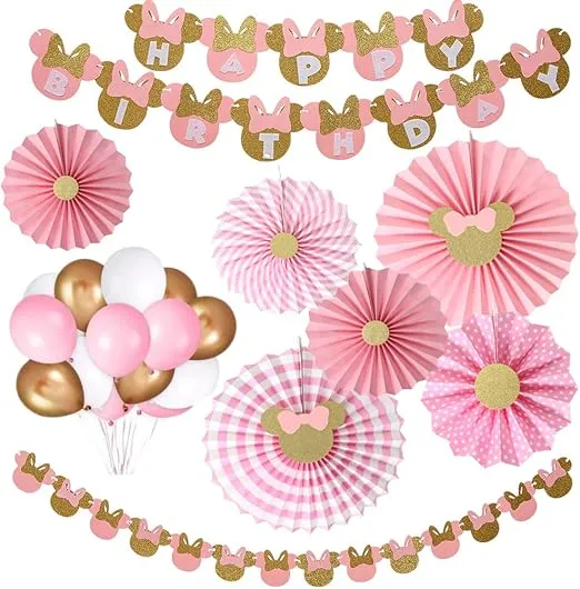 38pcs Minnie Mouse Party Supplies Decoration, Pink and Gold Minnie Paper Fans,Minnie Mouse Garland, Minnie Happy Birthday Banner,Balloons