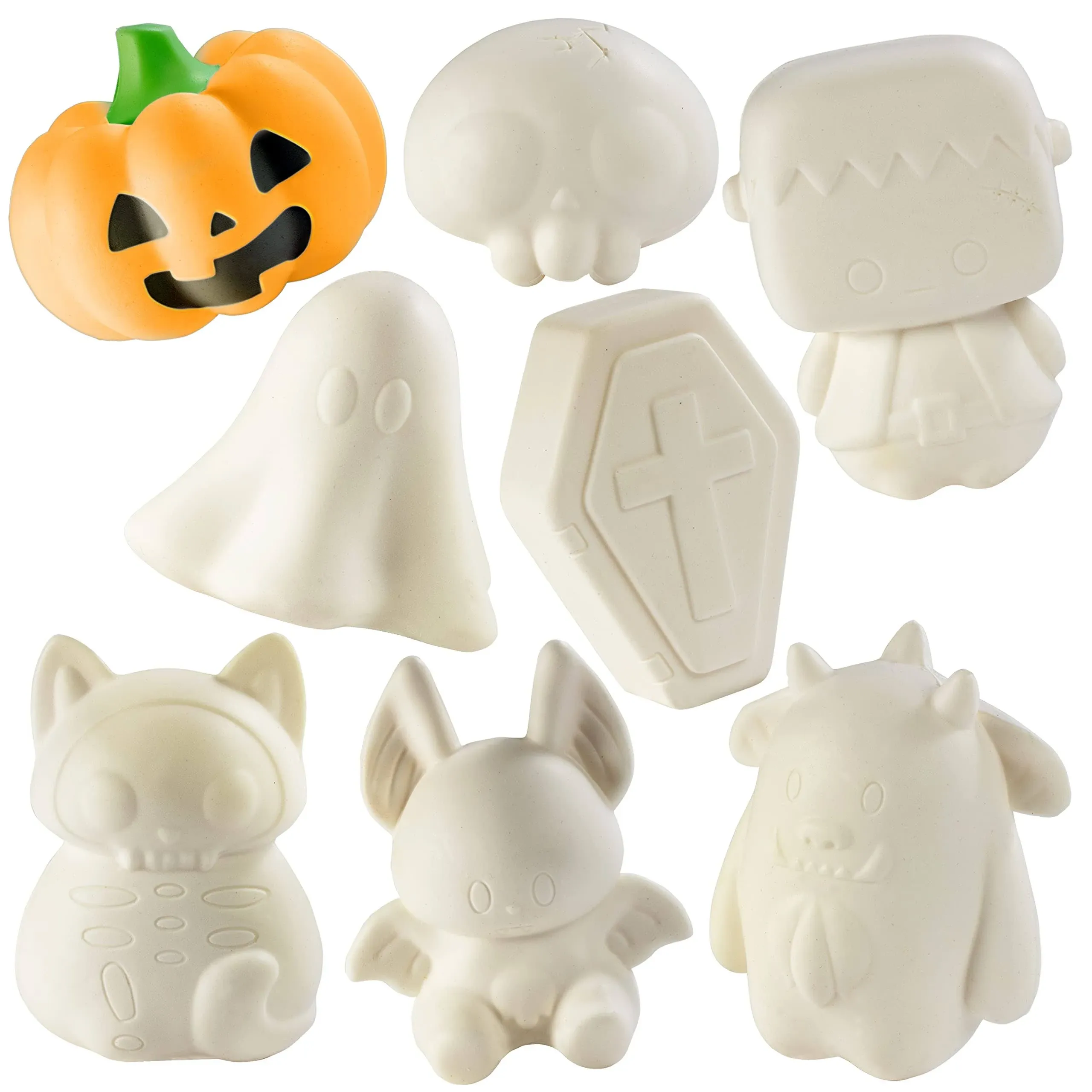 Halloween Party Craft Kit Jumbo Squishies (8 Unique Spooky Shapes)-White Kawaii Scented Slow Rise Squishy Toys, Decorating, Scented Stress Craft, Kids Birthday Activity Gift (4-6")