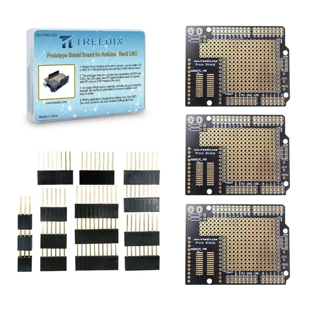 Treedix 3pcs Proto Shield Board Expansion PCB Breadboard Double Sided Tinned Gold Plated Holes with Female Header DIY Kits Compatible with Arduino