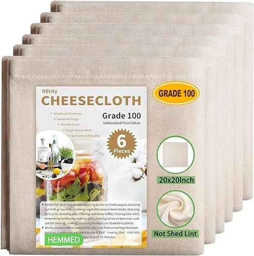 Olicity Cheese Cloths, 6PCS, Grade 100,20x20Inch Hemmed Cheese Cloth Fabric Reusable Fine Mesh Cloth, 100% Cotton Unbleached Precut Muslin Cheesecloth for Straining, Cooking, Yogurt, Juicing