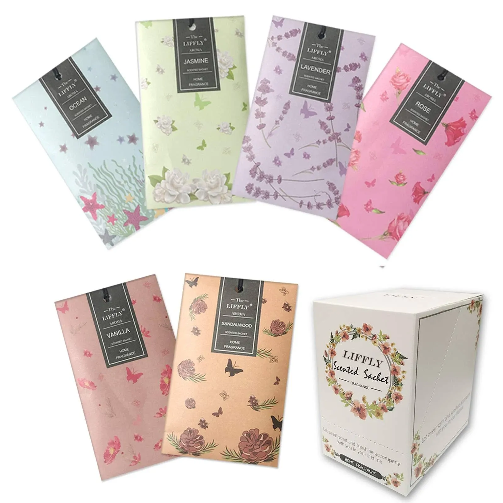 14 Packs Scented Sachets Bag for Drawers and Closets Long-Lasting Home Fragrance Sachet Lavender Rose Jasmine Ocean Vanilla Sandalwood 6 Different Scent Gift Box