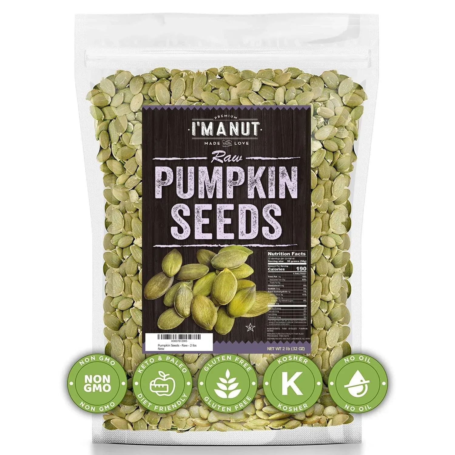 Raw Pumpkin Seeds (Papitas) 32 oz (2 lb) | No Preservatives | Batch Tested Gluten & Peanut Free | Non-GMO | NO PPO | 100% Natural | Resealable Bag | BULK Size | Healthy | Premium Grade