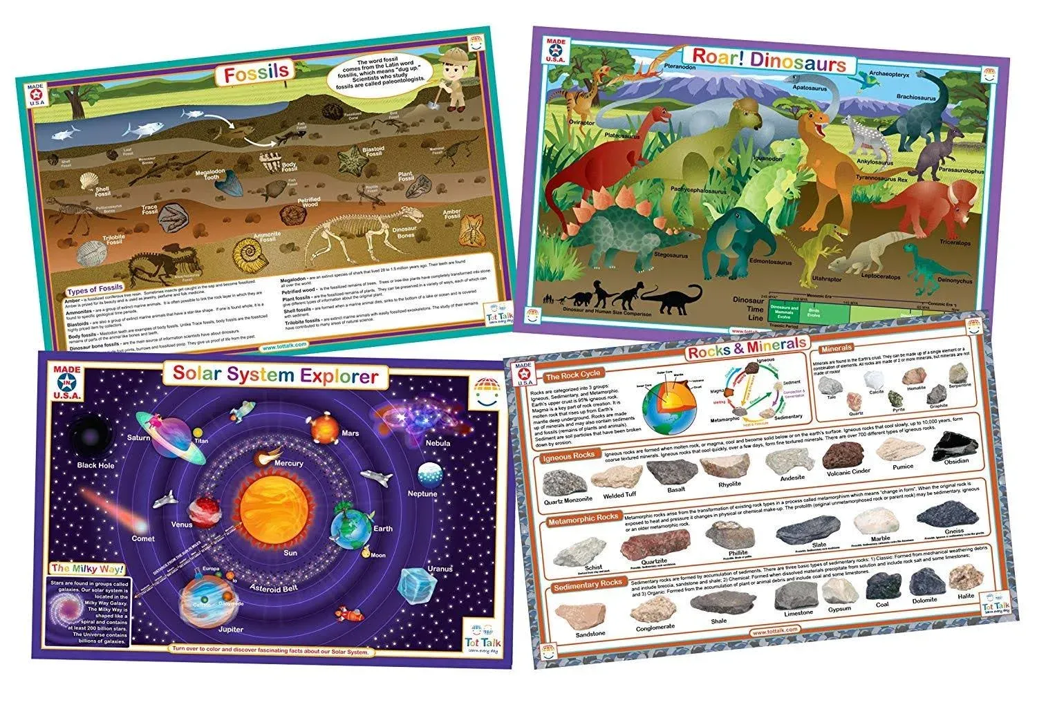 Tot Talk Educational Kids Placemats - Stem - Science Table Mats: Solar System, Dinosaurs, Rocks, Fossils - Reversible Activities