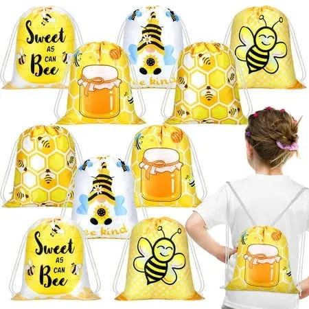 Woanger 15 Pieces Honey Bee Party Favor Bags Bee Themed Drawstring Bags Bumble Bee Backpack Bee Goodie Candy Bags Birthday Baby Shower Party Gift