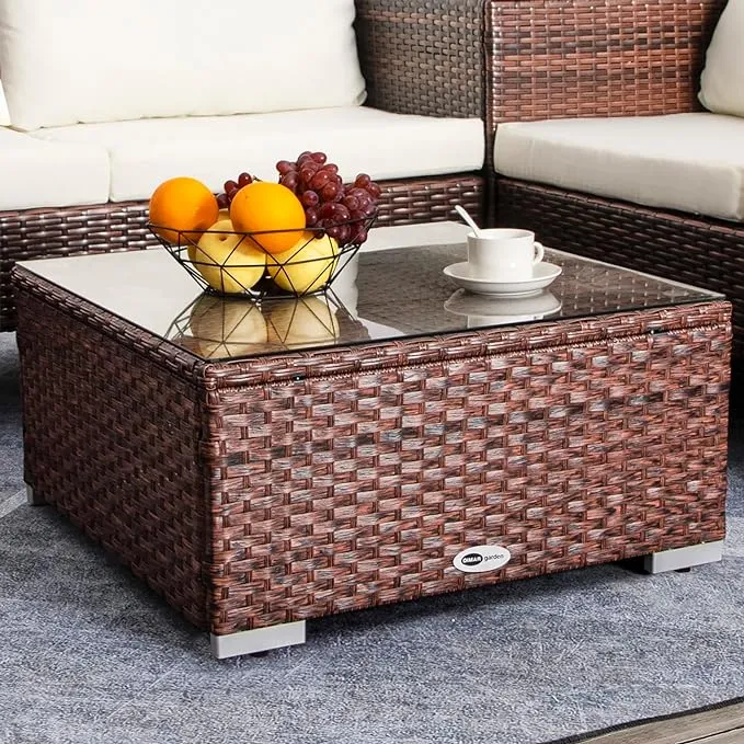 Outdoor Coffee Table for Patio Table Wicker Patio Coffee Table Lawn Garden Rattan Small Coffee Table with Glass Top All-Weather, 25.2in Mixed Brown