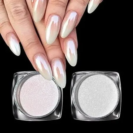 PrettyDiva White Pearl Chrome Nail Powder - 2 Colors Pearl Nail Powder Ice Transparent Aurora Chrome Nail Powder, High Gloss Pearlescent Iridescent Glitters Powder Metallic Pigment for Nails