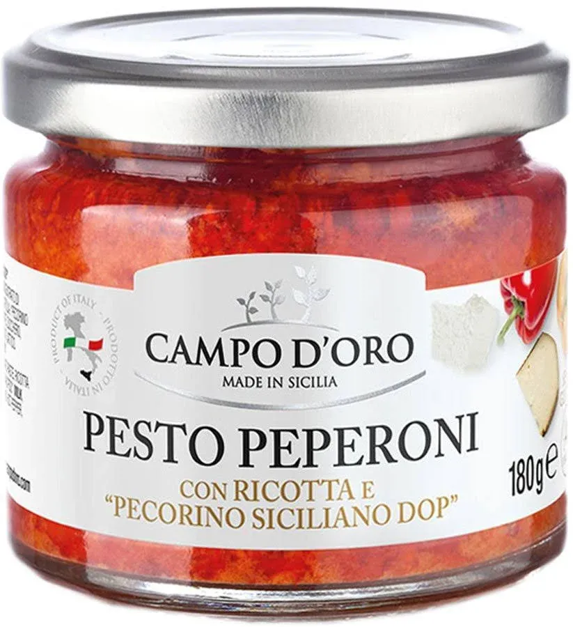 Sicilian Pepper Pesto with Ricotta and Pecorino, Glass Jar 6,3 oz. Campo D'Oro, Italian specialties. Sicilian ready sauce with Sicilian peppers, ricotta and Pecorino. 100% Made in Italy