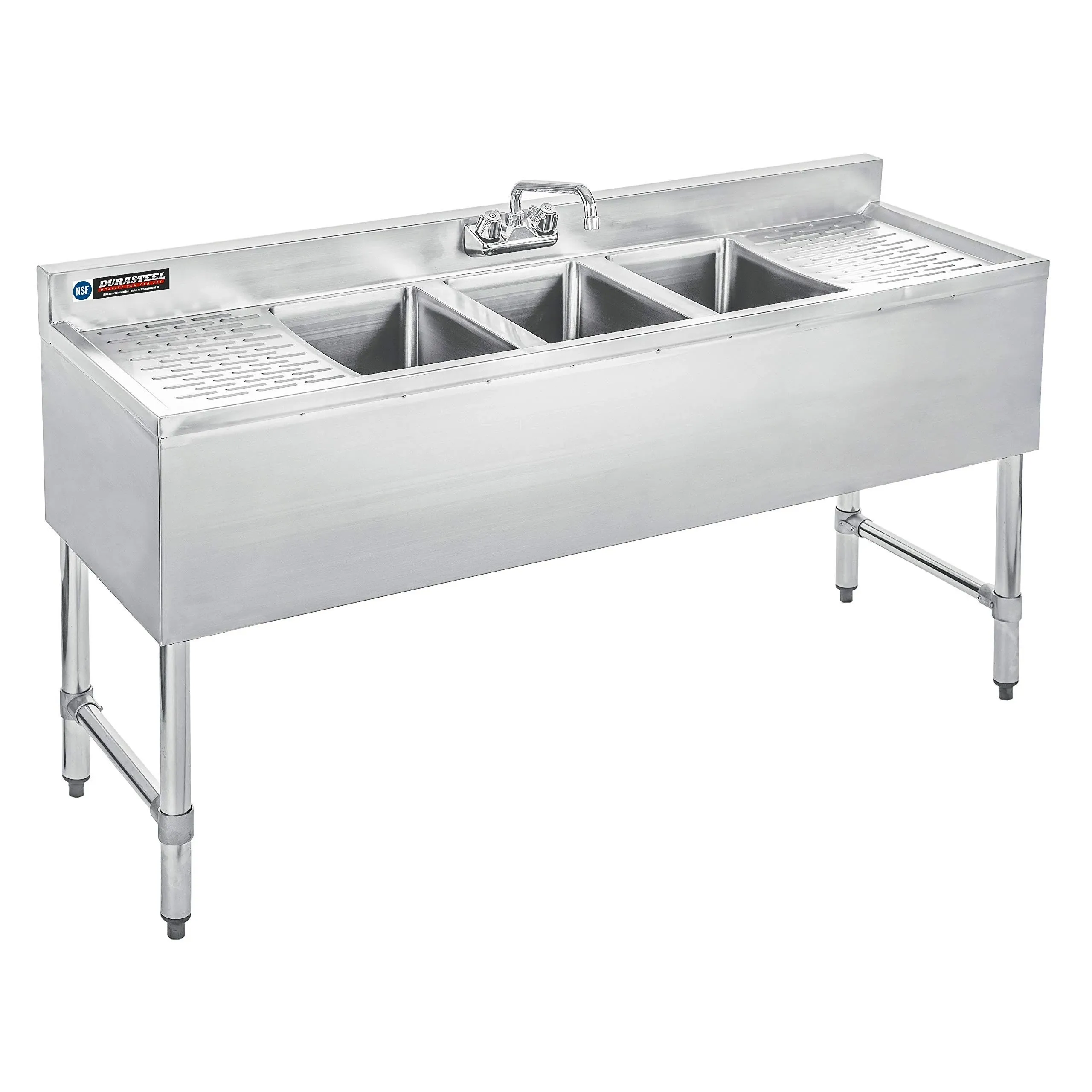 DuraSteel 3 Compartment Stainless Steel Bar Sink NSF 10" x 14" Bowl Size Commercial Standard Underbar (Double Drainboard) NSF Approved