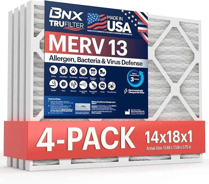 BNX TruFilter 16x25x1 Air Filter MERV 13 (4-Pack) - MADE IN USA - Electrostatic Pleated Air Conditioner HVAC AC Furnace Filters for Allergies, Pollen, Mold, Bacteria, Smoke, Allergen, MPR 1900 FPR 10